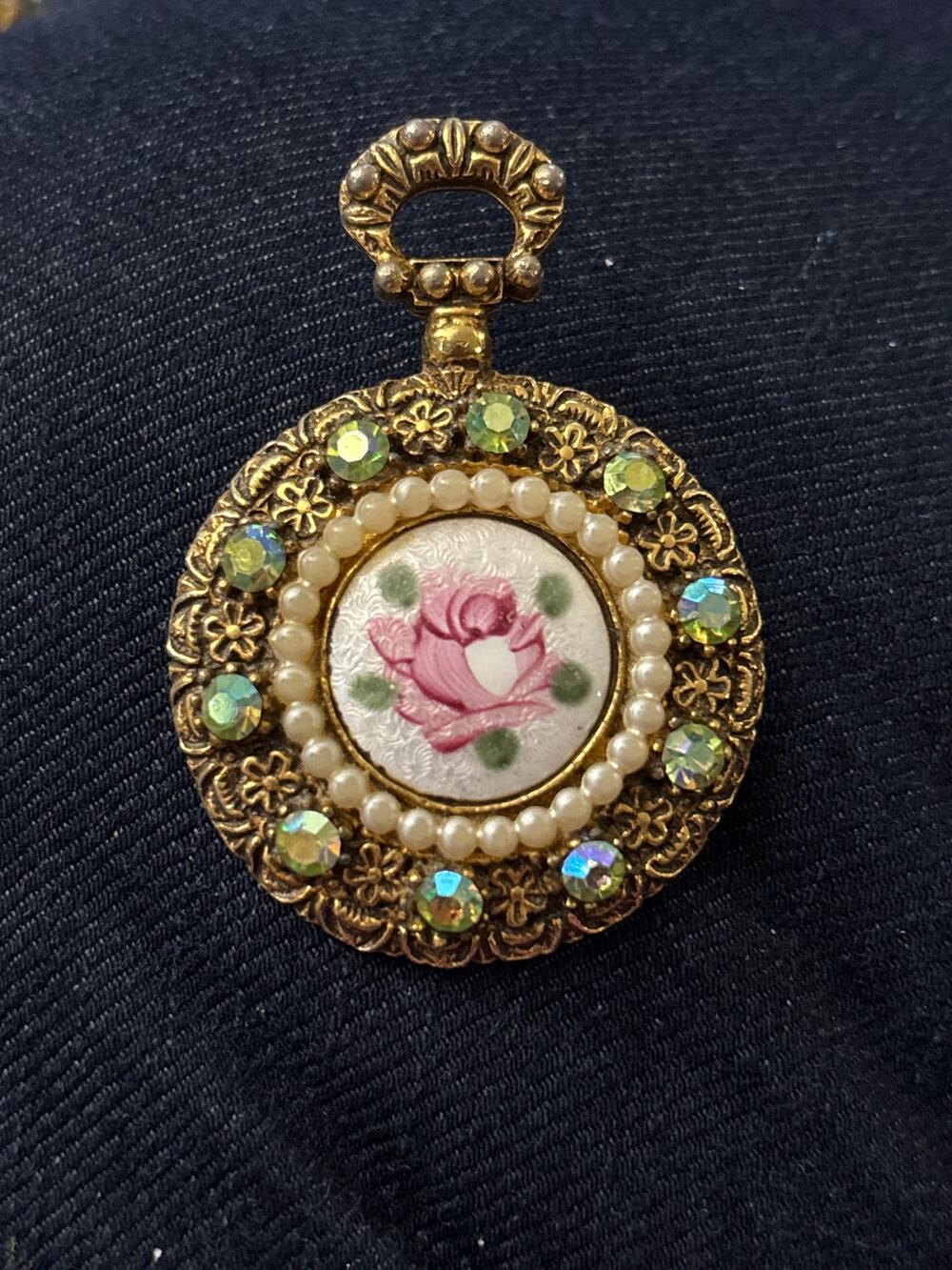 Vintage Florenza Enamel Rose Flower Green Crystal Faux Pearl Pocket Watch Brooch